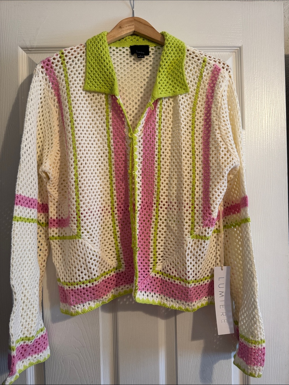 Lumiere Open-Knit Cream Cardigan with Pink & Lime Stripe Accents